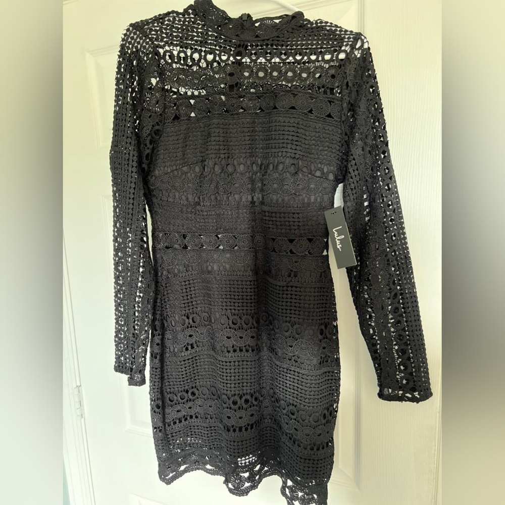 NEW Lulu's Full-Hearted Black Crochet Black Long Sleeve Bodycon dress Sheath M